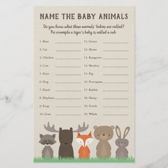 Lámina Woodland Baby Shower Baby Animal Name (Anverso)