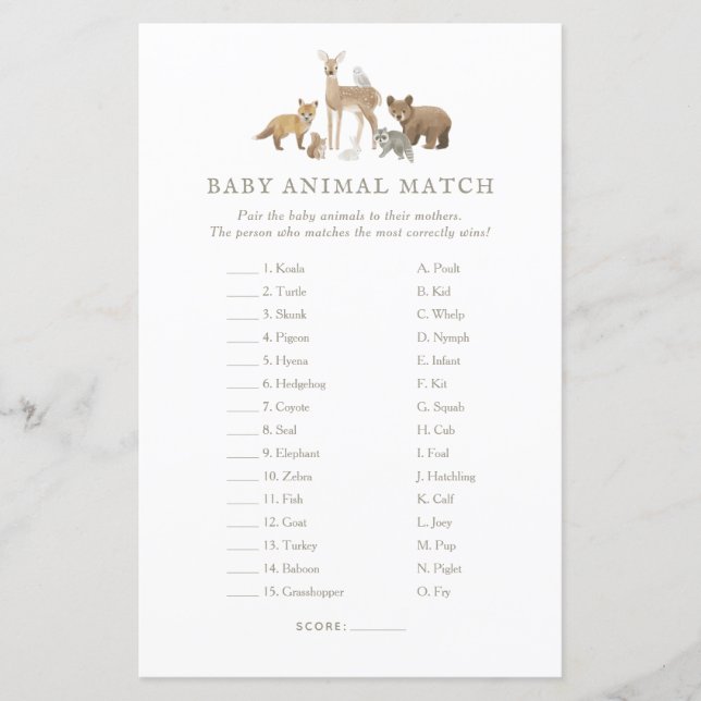 Lámina Woodland Baby Shower Baby Match (Anverso)