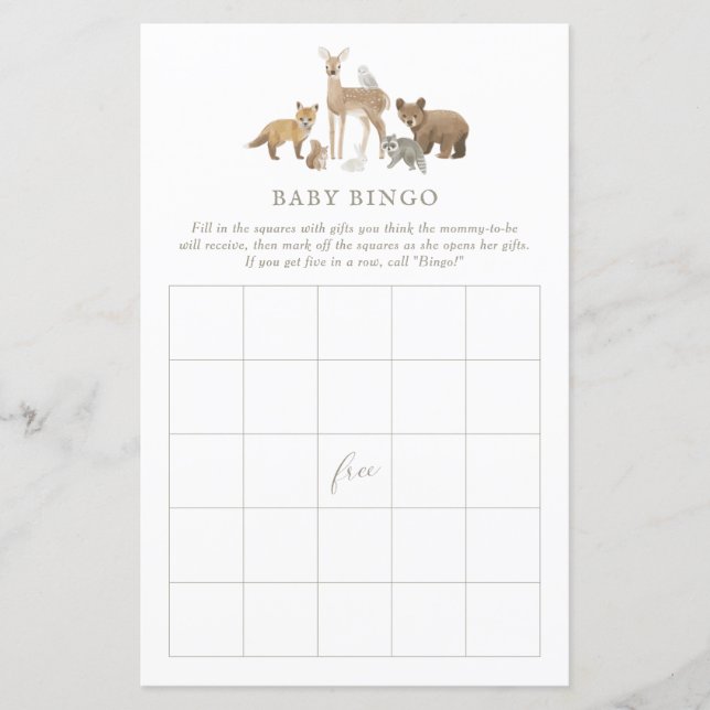 Lámina Woodland Baby Shower Bingo (Anverso)