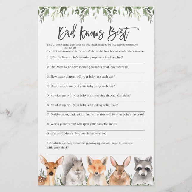 Lámina Woodland Baby Shower Dad es el mejor juego (Anverso)