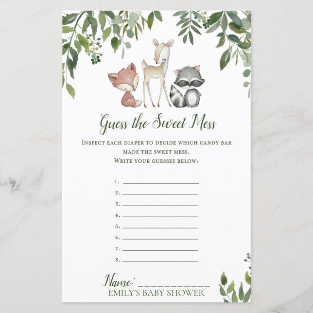 Lámina Woodland Baby Shower Game - Adivina Sweet Mess (Anverso)
