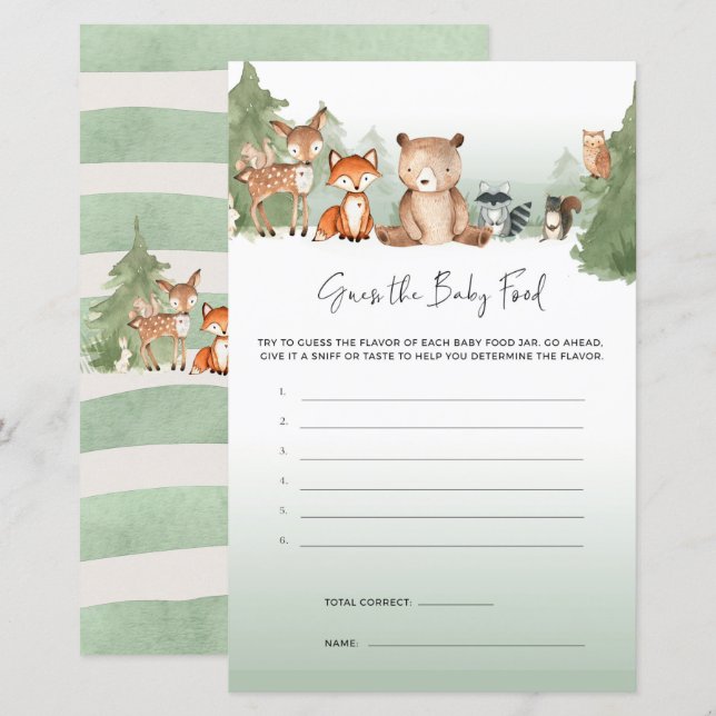 Lámina Woodland Baby Shower Game Adivinar Comida para Beb (Anverso / Reverso)