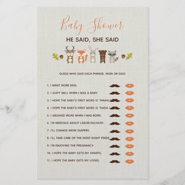 Lámina Woodland Baby Shower Game - Dijo Que Dijo (Anverso)