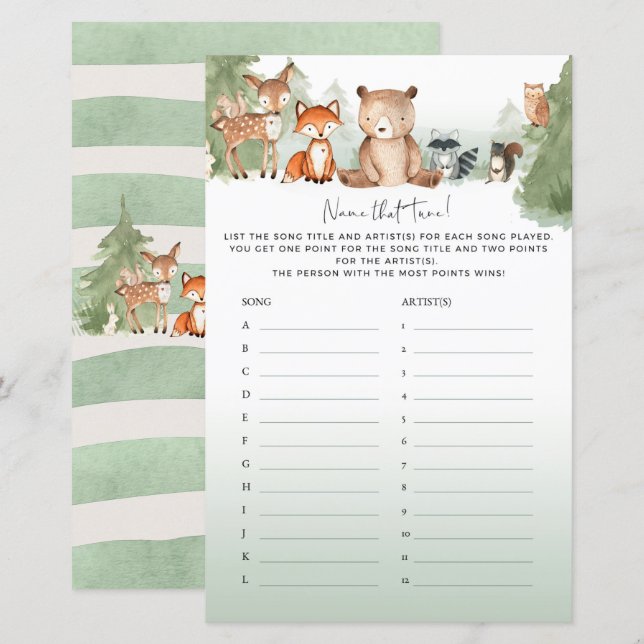Lámina Woodland Baby Shower Game Name That Tune (Anverso / Reverso)