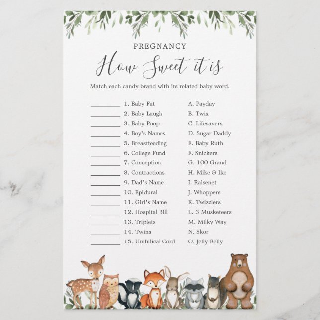 Lámina Woodland Baby Shower Pregnancy Qué Dulce Es (Anverso)