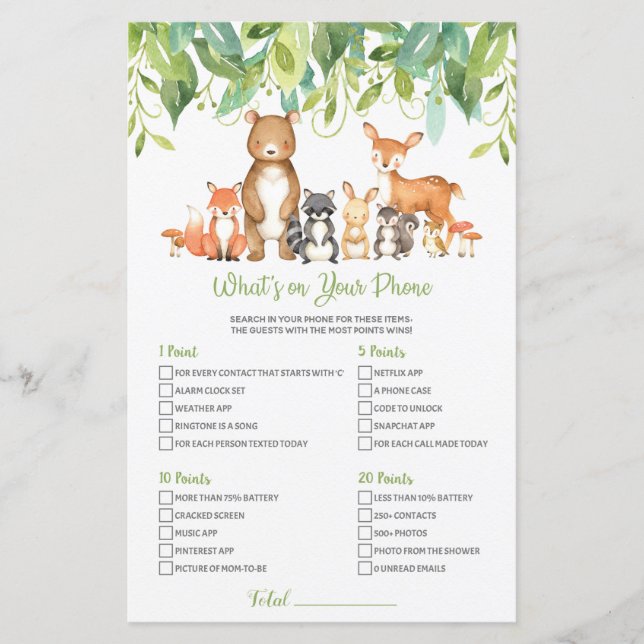 Lámina Woodland Baby Shower Qué hay en tu juego de teléfo (Anverso)
