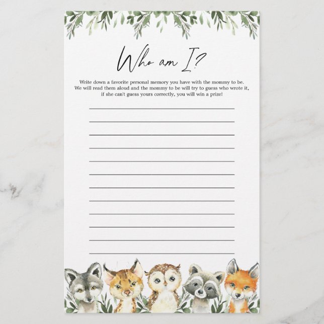Lámina Woodland Baby Shower Who Am I Game (Anverso)