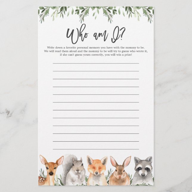 Lámina Woodland Baby Shower Who Am I Game (Anverso)
