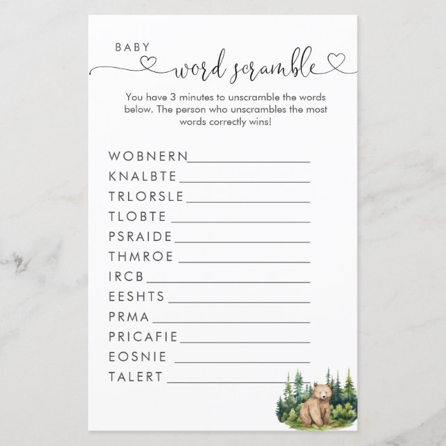 Lámina Woodland Baby Shower Word Scramble (Anverso)