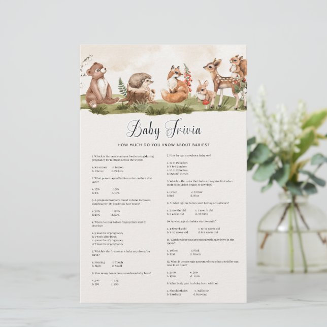 Lámina Woodland Baby Trivia Baby Shower Game (Anverso de pie)