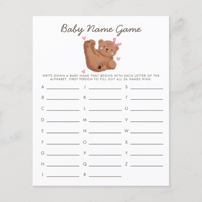 Lámina Woodland Bear Chica Baby Name Shower Game (Anverso)