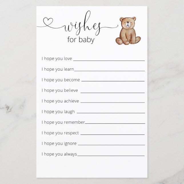 Lámina Woodland Bear Los Deseos De Baby Shower Para El Be (Anverso)