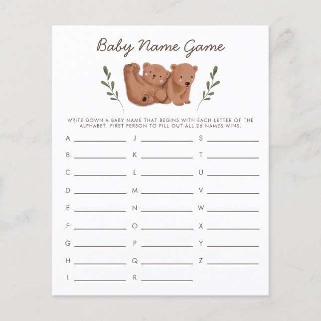 Lámina Woodland Bears Twins Baby Name Shower Game (Anverso)