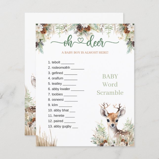 Lámina Woodland Deer Baby Shower Boy Game (Anverso / Reverso)