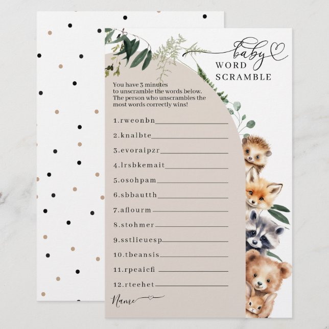 Lámina Woodland Forest Baby Shower Scramble Game (Anverso / Reverso)