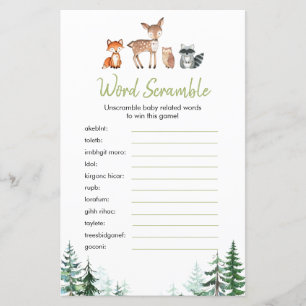 Lámina Woodland Forest Baby Shower Word Scramble Game