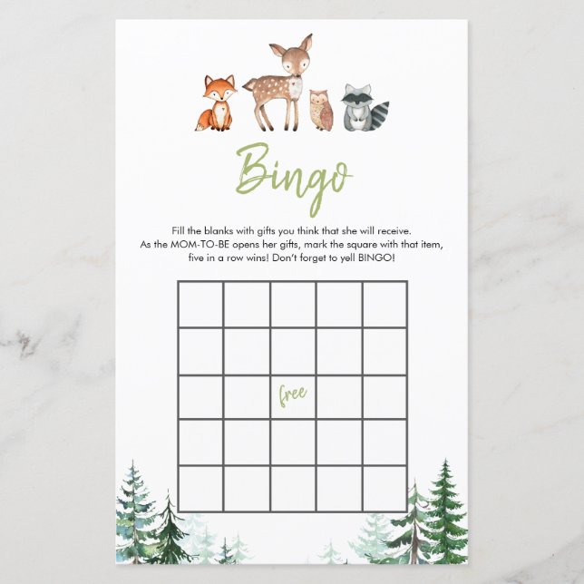 Lámina Woodland Forest Oh Boy Juego de Bingo Baby Shower (Anverso)
