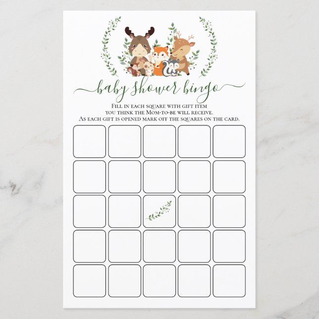 Lámina Woodland Green Baby Animals Shower Bingo Game Card (Anverso)