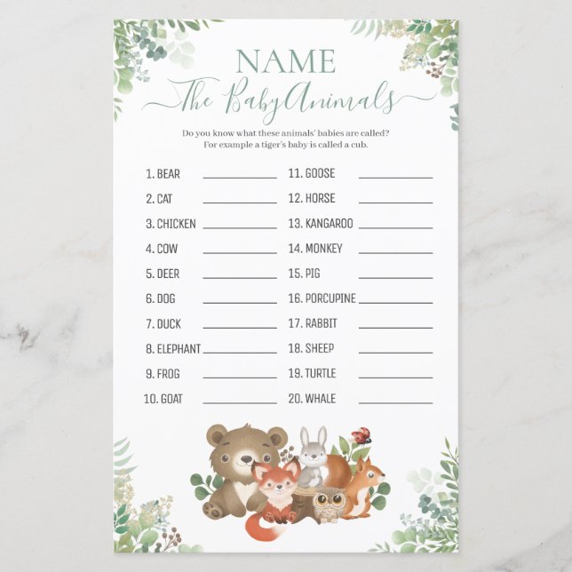Lámina Woodland Green Shower Baby Animal Name Game (Anverso)
