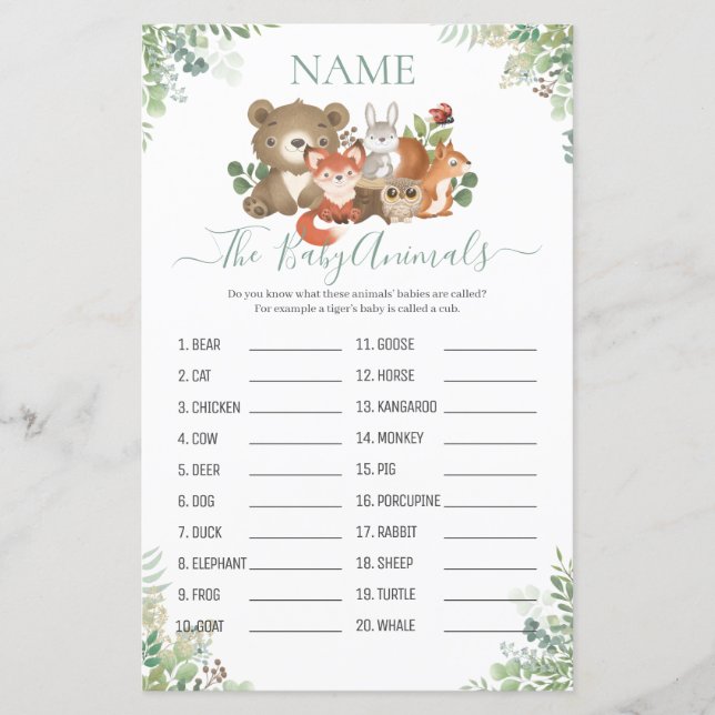 Lámina Woodland Green Shower Baby Animal Name Game (Anverso)