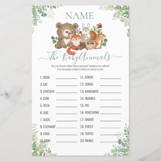 Lámina Woodland Green Shower Baby Animal Name Game