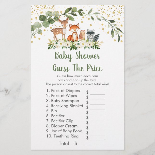 Lámina Woodland Greenery Adivinan El Juego De Baby Shower (Anverso)