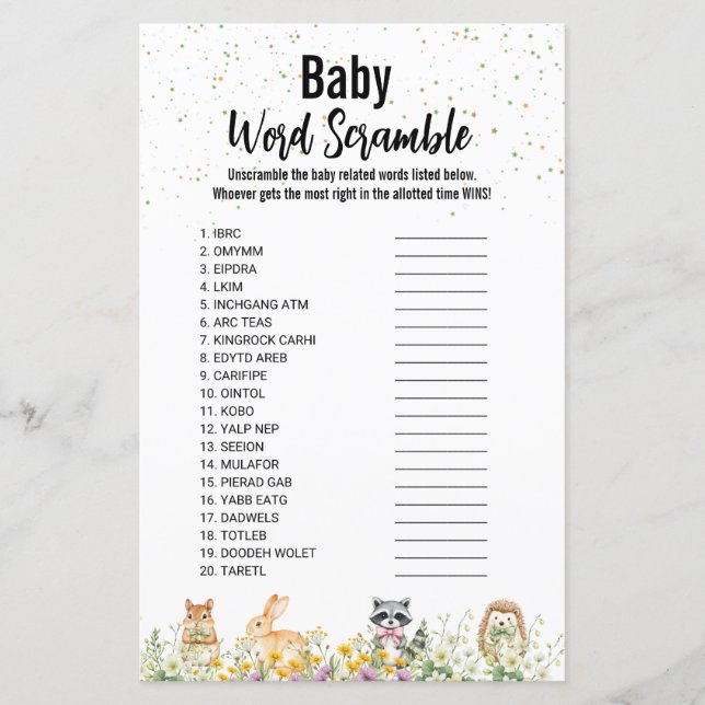 Lámina Woodland lindo animal bebé palabra scrble (Anverso)