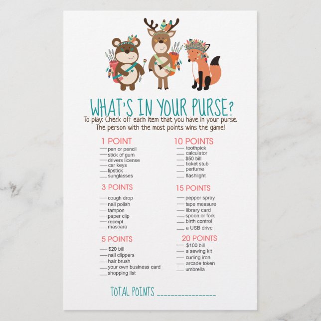 Lámina Woodland Tribal Boho ¿Qué hay en tu juego de bolso (Anverso)