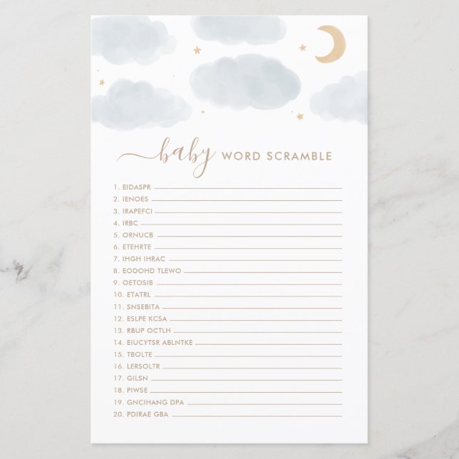 Lámina Word estafa el juego de Baby Shower sobre la luna (Anverso)