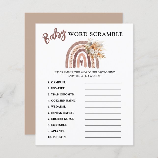 Lámina Word Scramble | Boho Rainbow Baby Shower Game (Anverso / Reverso)