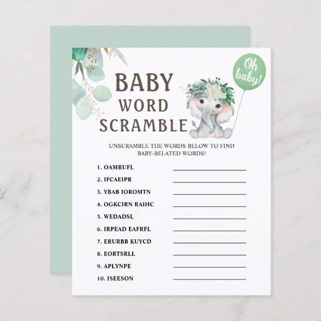 Lámina Word Scramble | Elephant Green Balloon Baby Shower (Anverso / Reverso)