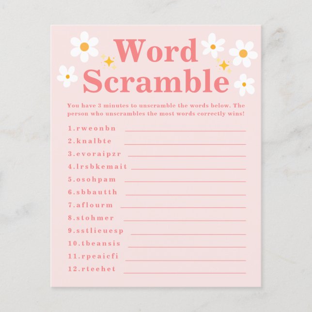 Lámina Word Scramble Game Pink Daisy Spring Baby Shower (Anverso)