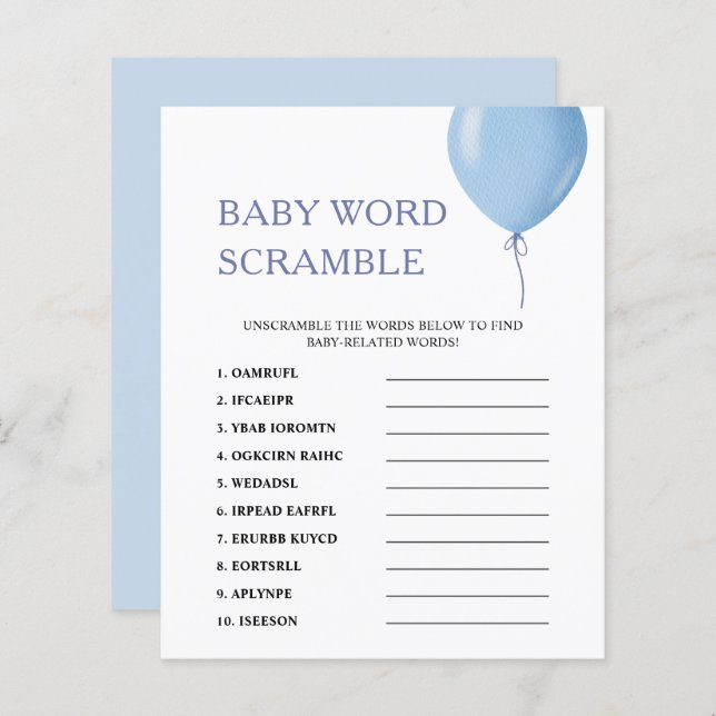 Lámina Word Scramble | Juego de Baby Shower con globo azu