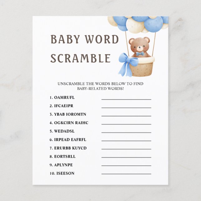 Lámina Word Scramble | Juego de Baby Shower con globo de  (Anverso)