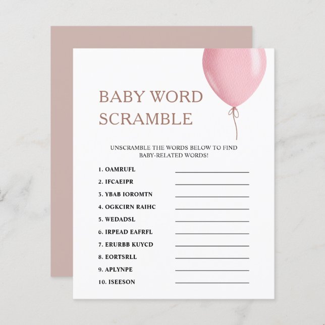 Lámina Word Scramble | Juego de Baby Shower con globo ros (Anverso / Reverso)