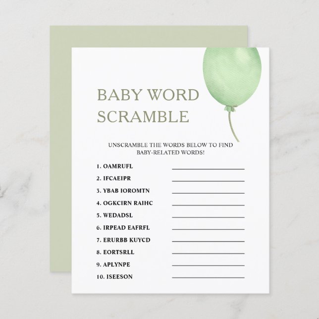 Lámina Word Scramble | Juego de Baby Shower Green Balloon (Anverso / Reverso)