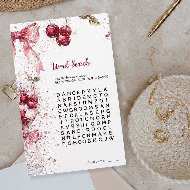 Lámina Word Search Bridal Shower Game Cherry Bow (cherry and bow watercolor)