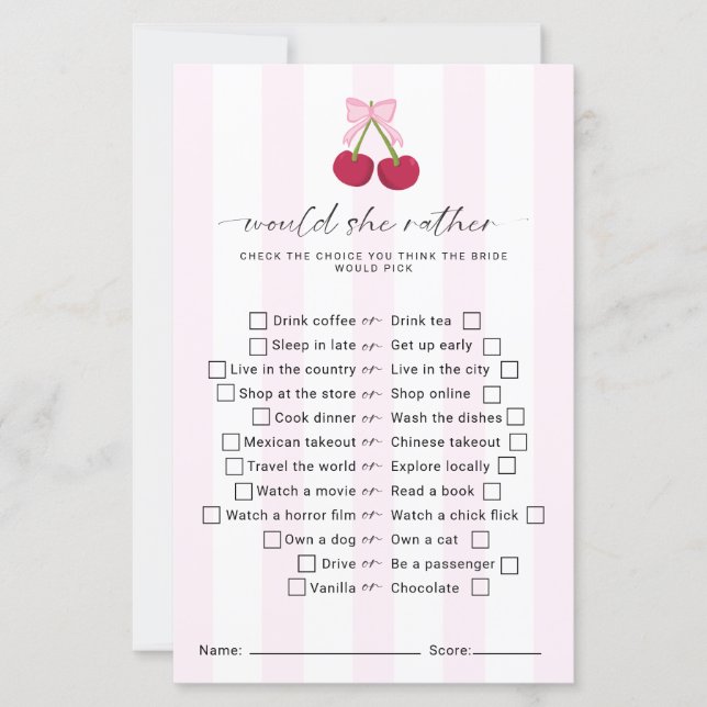 Lámina Would She Rather Bridal Shower Game Coquette (Anverso)