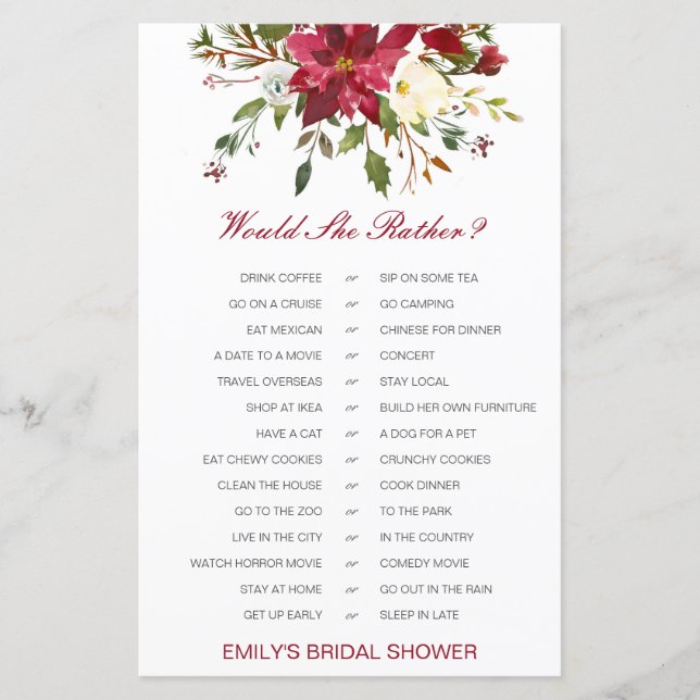 Lámina Would She Rather Bridal Shower Game PRINTED (Anverso)