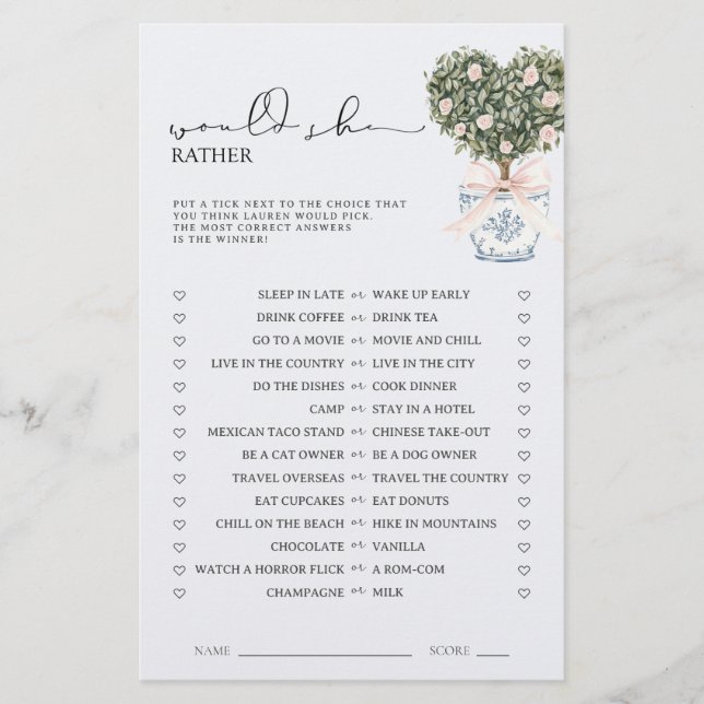 Lámina Would She Rather Chinoiserie Pink Shower Game (Anverso)