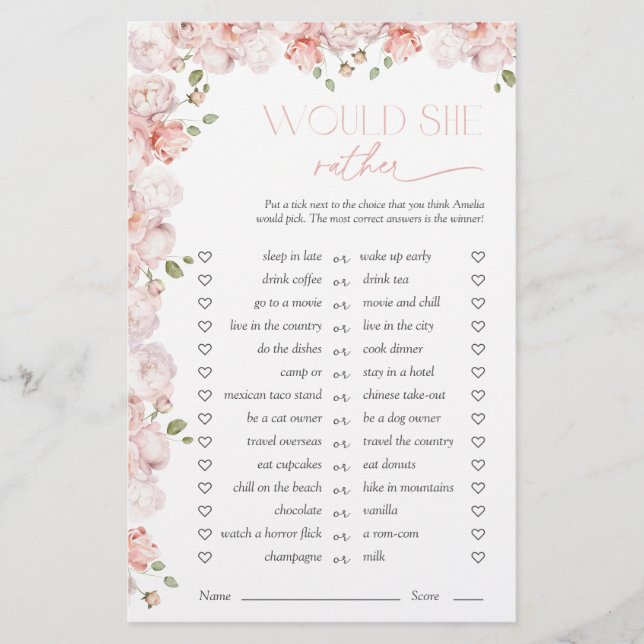 Lámina Would She Rather Floral Pink Bridal Shower Game (Anverso)
