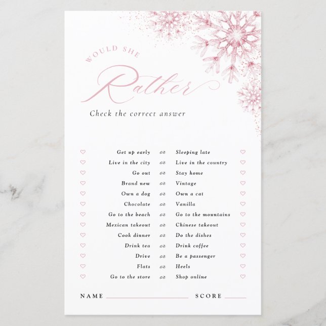 Lámina Would She Rather Pink Snow in Love Bridal Shower (Anverso)