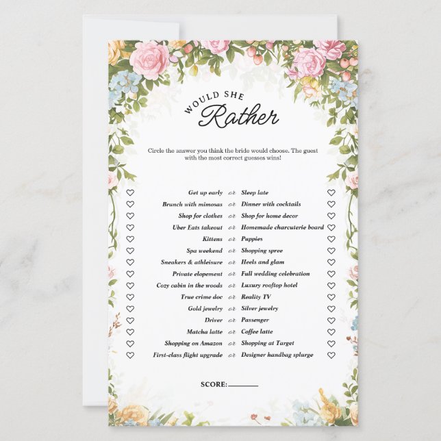 Lámina Would She Rather Tea Party Bridal Shower Game (Anverso)