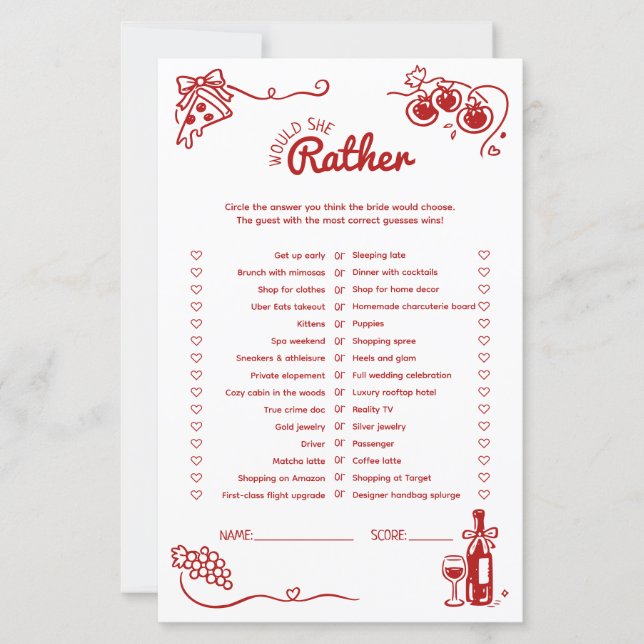 Lámina Would She Rather That's Amore Bridal Shower Game   (Anverso)