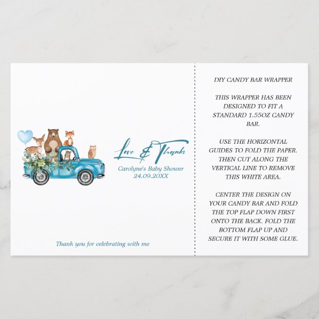 Lámina Wrapper Baby Shower Candy Bar de Woodland Blue Tru (Anverso)