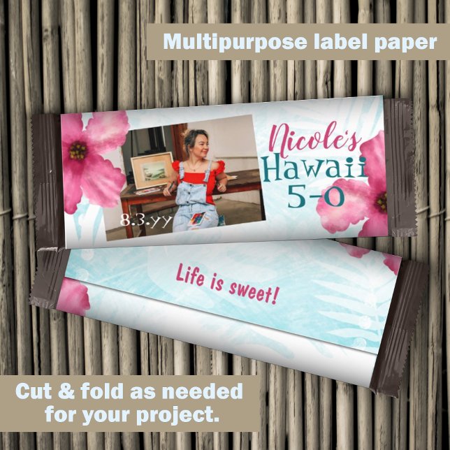 Lámina Wrapper de 5-0 Bar de golosinas de 50 cumpleaños (pink turquoise hawaii 5-0 50th birthday party chocolate candy bar wrappers, personalized customized)