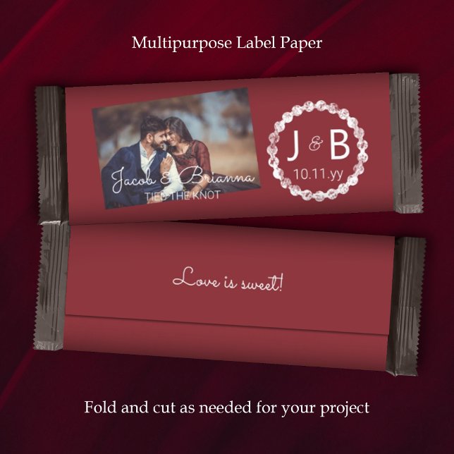 Lámina Wrapper de bar con Boda rojo borgoña con foto (burgundy dark red maroon wedding chocolate candy bar wrapper paper label party favor personalized)