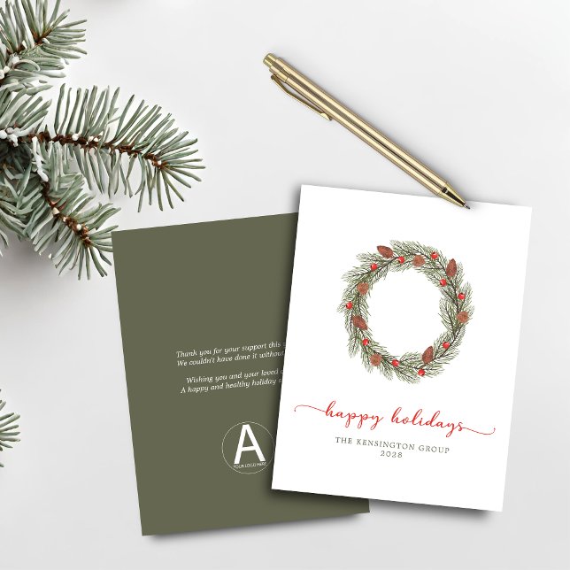 Lámina Wreath de vacaciones felices para empresas de pres (Budget Corporate Happy Holidays Wreath Card)