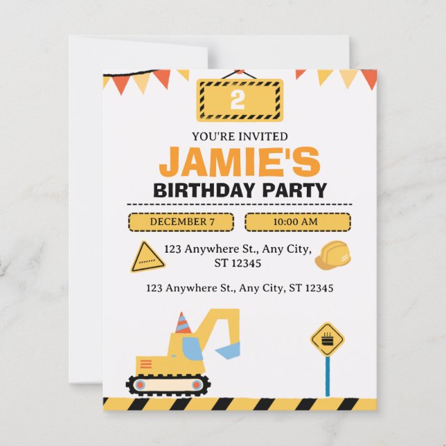 Lámina Yellow Cute Construction Truck Boys 2nd Birthday (Anverso)
