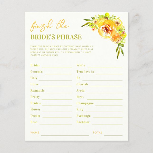 Lámina Yellow Finish the Brides Phrase Bridal Shower Game (Anverso)